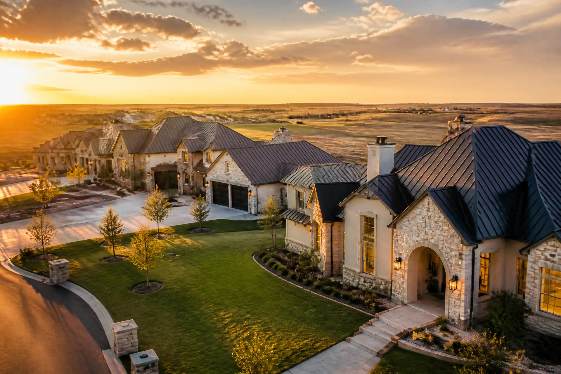 Aerial view of beautiful luxury Texas homes at golden hour in an upscale Panhandle subdivision
